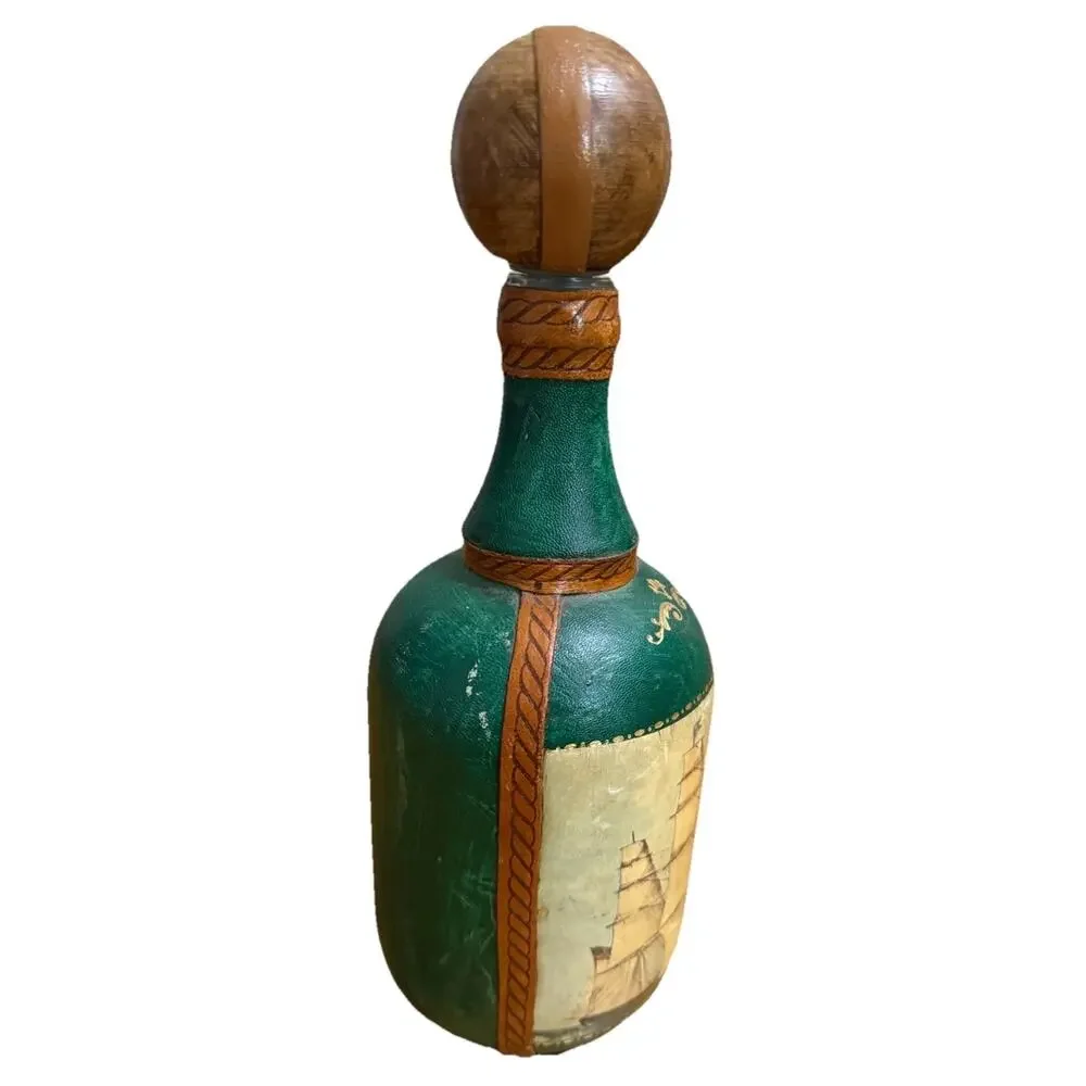 Vintage FAUSTO CORDURI Genuine Leather Decanter Jug Florence Italy Ship Motif